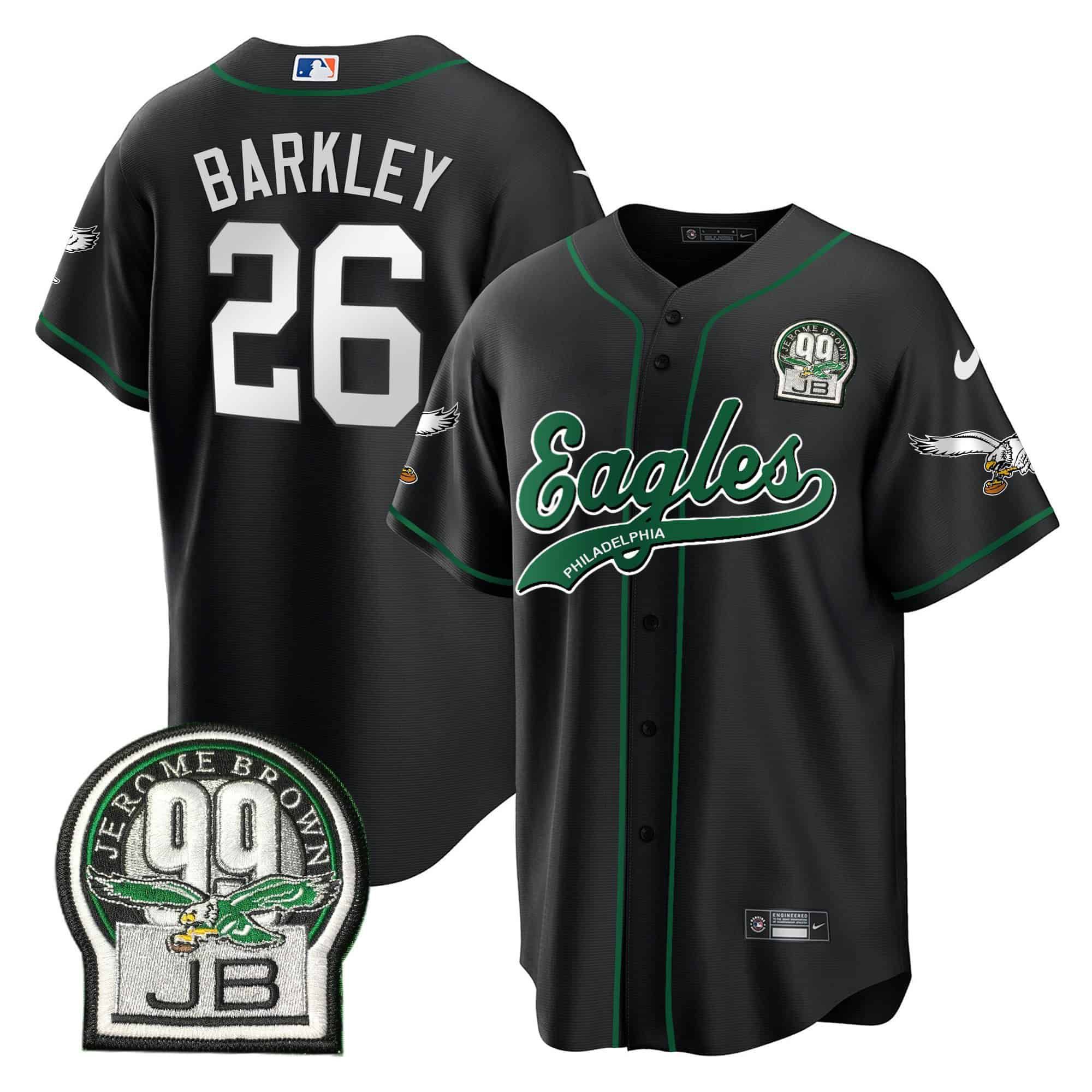Men Philadelphia Eagles #26 Barkley Black 2024 Nike Jerome Brown Retired Patch Baseball NFL Jersey